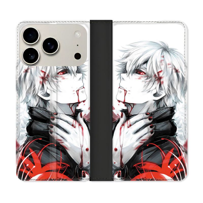 Housse cuir portefeuille Pour Iphone 17 Pro Max Manga Tokyo Ghoul Kaneki Blanc