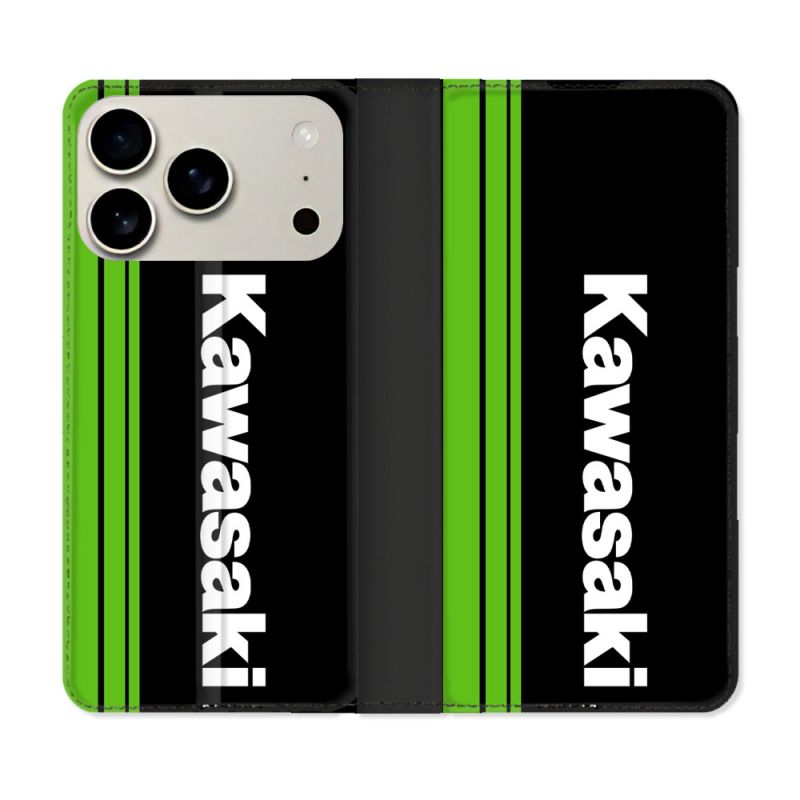Housse cuir portefeuille Pour Iphone 17 Pro Max Moto Kawasaki
