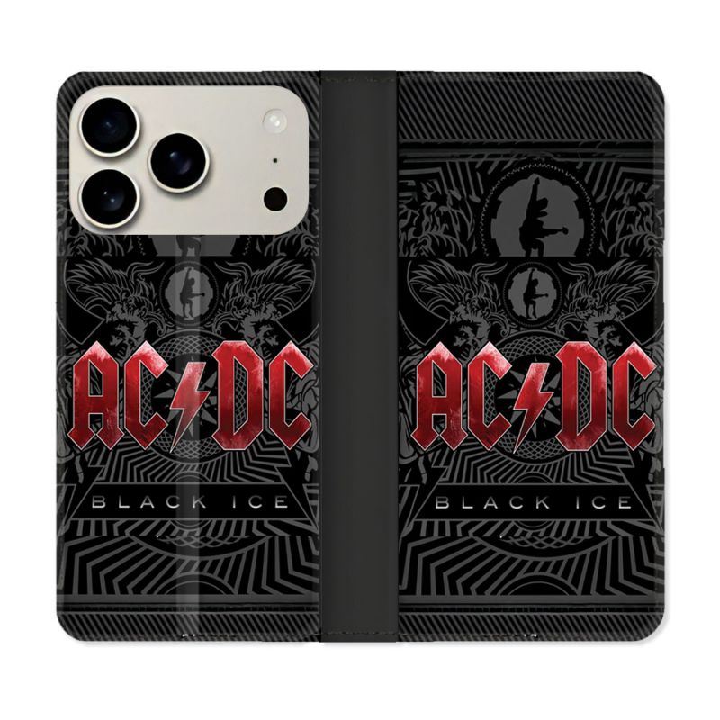 Housse cuir portefeuille Pour Iphone 17 Pro Max Musique Rock ACDC Rouge