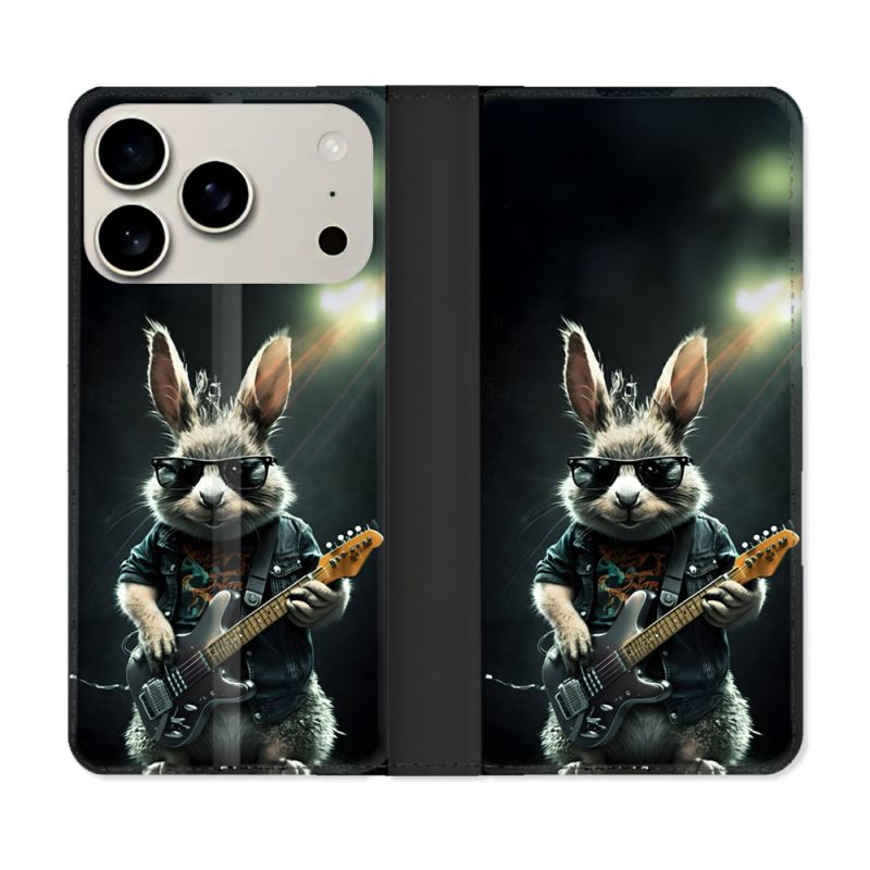 Housse cuir portefeuille Pour Iphone 17 Pro Max Musique Rock Lapin