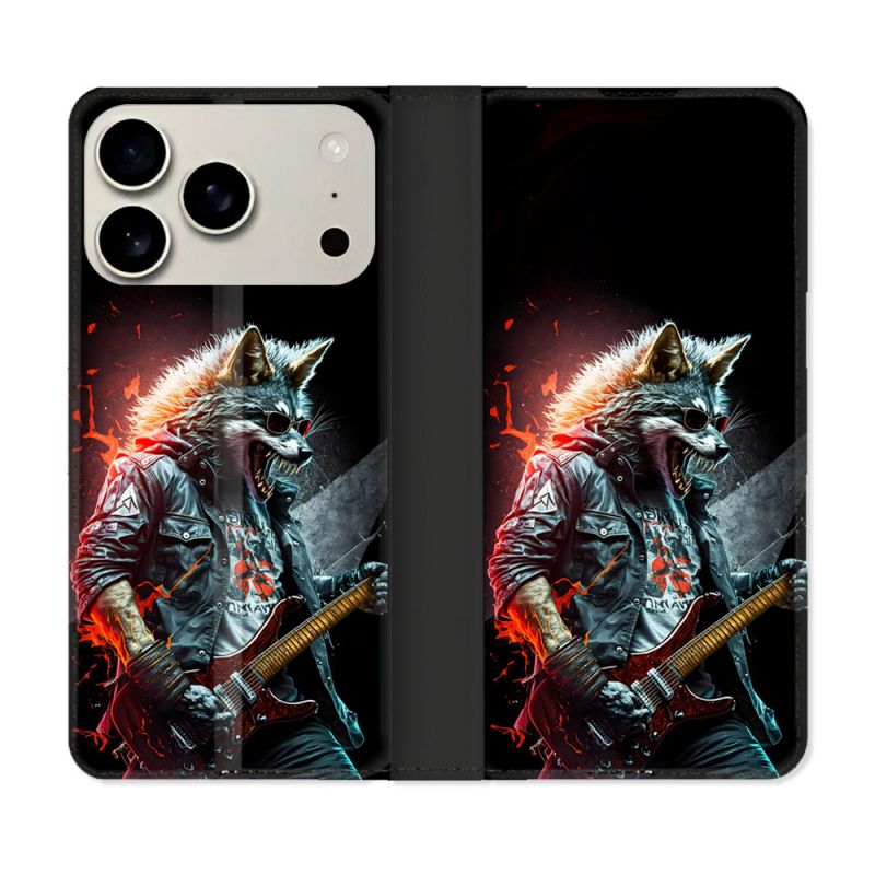 Housse cuir portefeuille Pour Iphone 17 Pro Max Musique Rock Loup