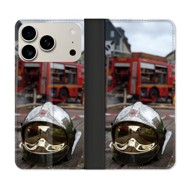Housse cuir portefeuille Pour Iphone 17 Pro Max Pompier Casque Camion