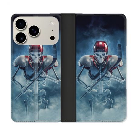 Housse cuir portefeuille Pour Iphone 17 Pro Sport Hockey Squelette
