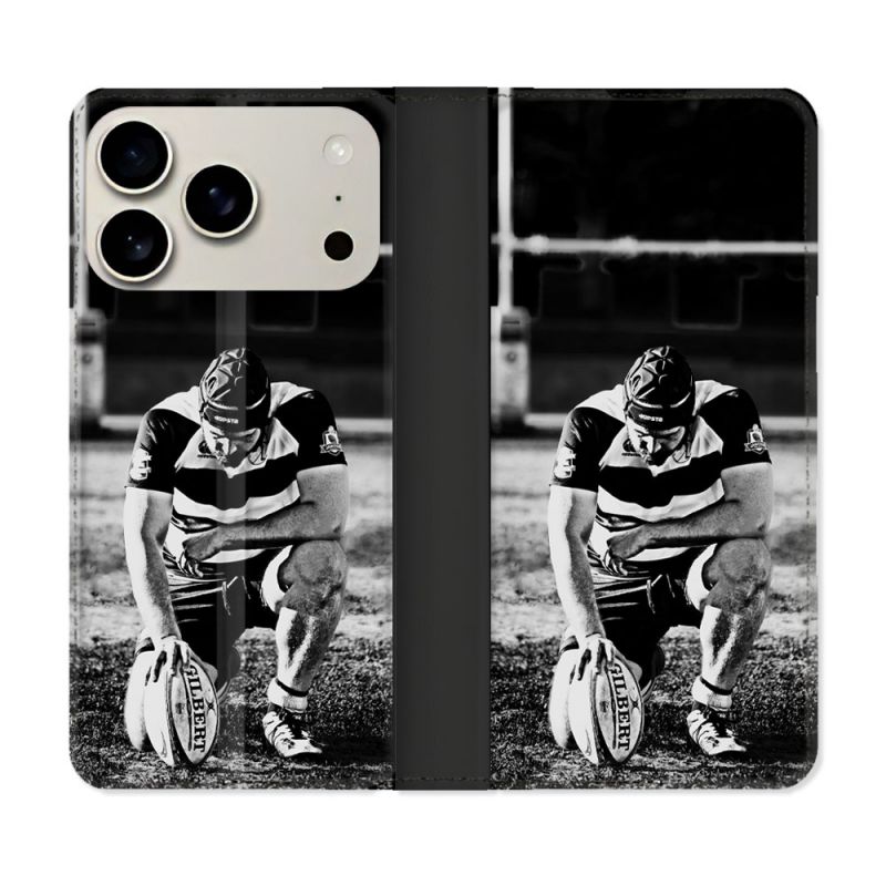 Housse cuir portefeuille Pour Iphone 17 Pro Sport Rugby Noir Blanc