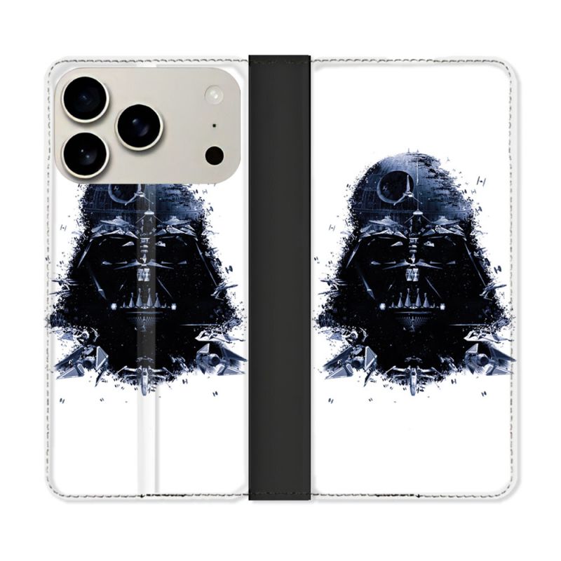 Housse cuir portefeuille Pour Iphone 17 Pro Star Wars - Dark Vador Blanc