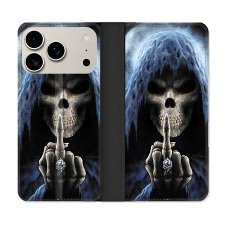 Housse cuir portefeuille Pour Iphone 17 Pro Max Tete de Mort Doigt