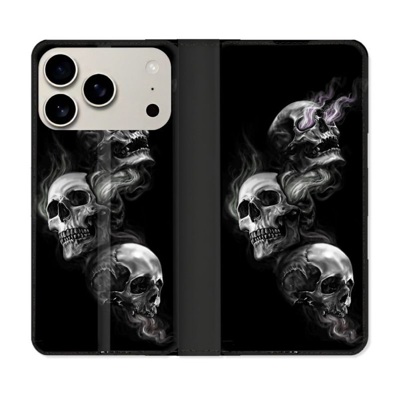 Housse cuir portefeuille Pour Iphone 17 Pro Max Tete de Mort Triple