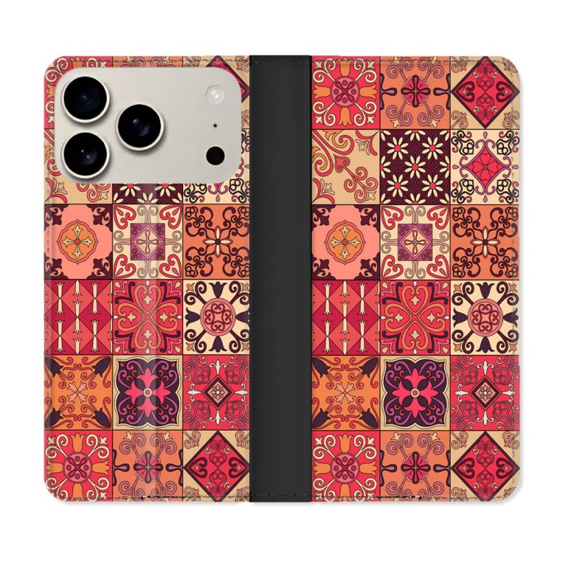 Housse cuir portefeuille Pour Iphone 17 Pro Max Texture Carreau Ciment Rouge