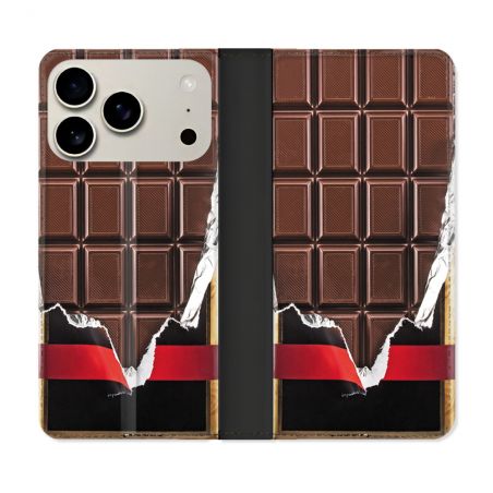 Housse cuir portefeuille Pour Iphone 17 Pro Texture Trompe Oeil Chocolat