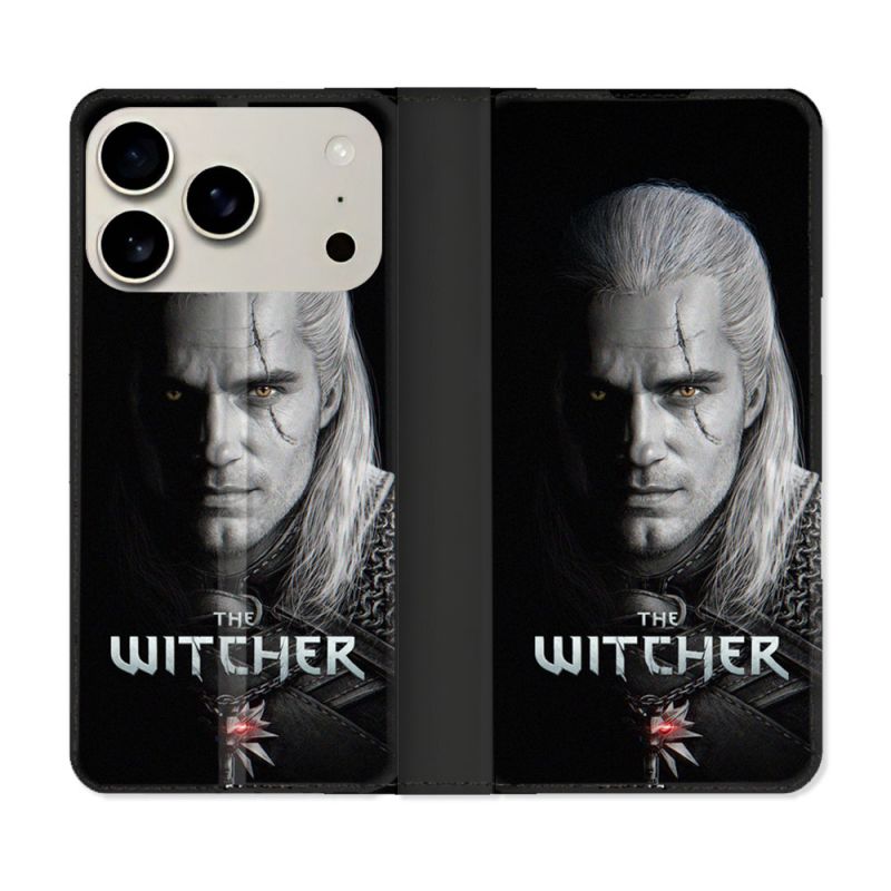 Housse cuir portefeuille Pour Iphone 17 Pro The Witcher Noir