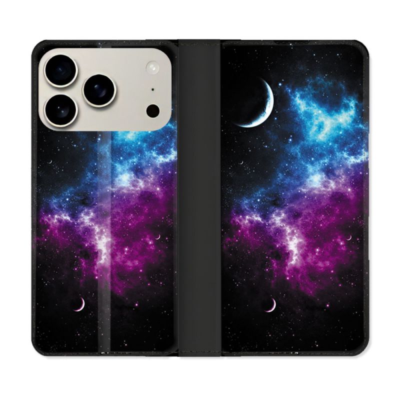 Housse cuir portefeuille Pour Iphone 17 Pro Univers Bleu Violet