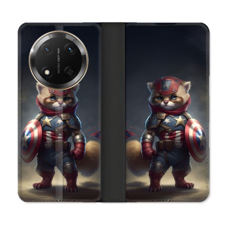 Housse cuir portefeuille Pour Honor Magic 7 Lite 5G Animal Chat America