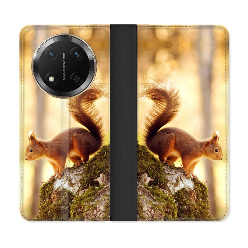 Housse cuir portefeuille Pour Honor Magic 7 Lite 5G Animal Ecureuil Bois