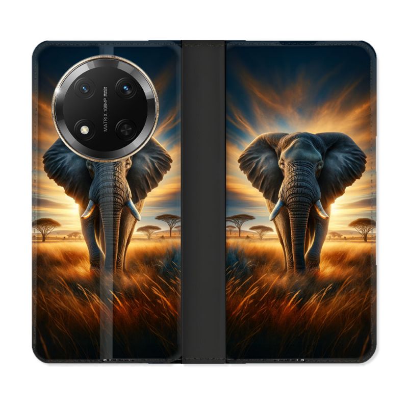 Housse cuir portefeuille Pour Honor Magic 7 Lite 5G Animal Elephant Savane