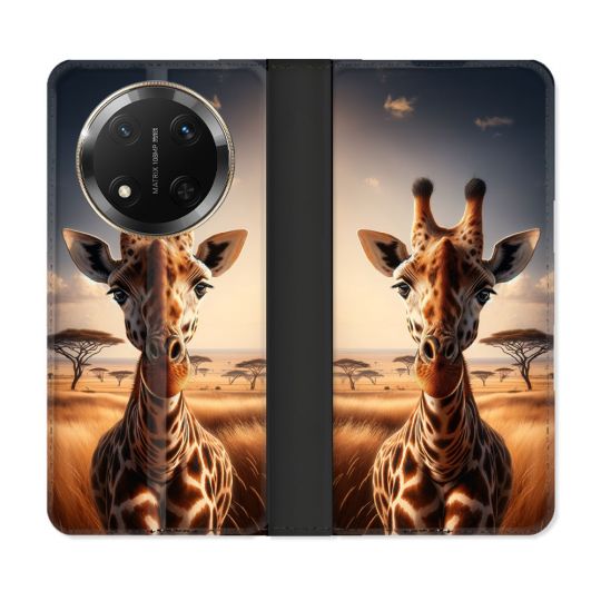 Housse cuir portefeuille Pour Honor Magic 7 Lite 5G Animal Girafe Savane