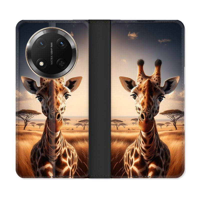 Housse cuir portefeuille Pour Honor Magic 7 Lite 5G Animal Girafe Savane