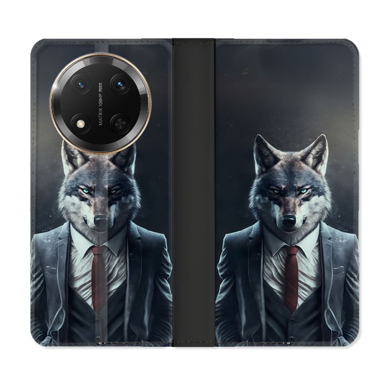 Housse cuir portefeuille Pour Honor Magic 7 Lite 5G Animal Loup Business
