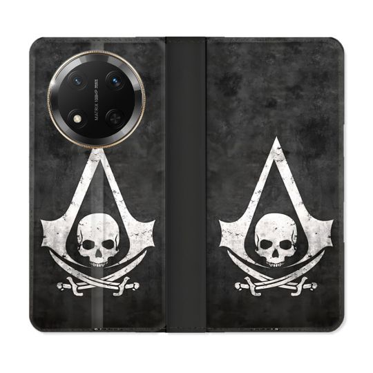 Housse cuir portefeuille Pour Honor Magic 7 Lite 5G Assassin Creed Tete Mort