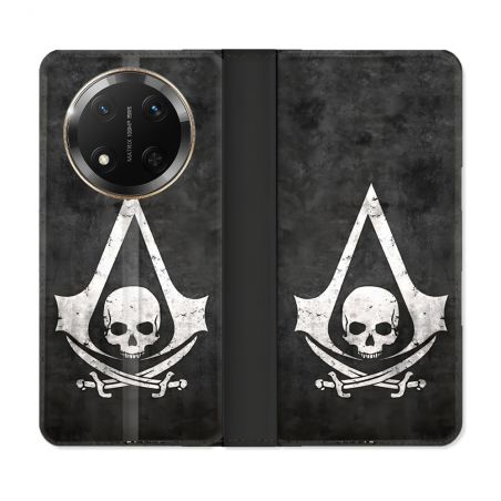 Housse cuir portefeuille Pour Honor Magic 7 Lite 5G Assassin Creed Tete Mort