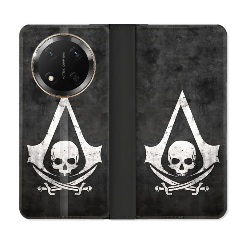Housse cuir portefeuille Pour Honor Magic 7 Lite 5G Assassin Creed Tete Mort