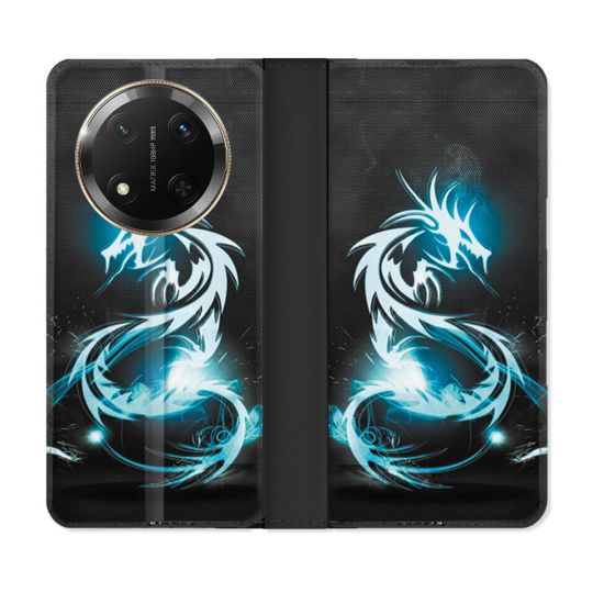 Housse cuir portefeuille Pour Honor Magic 7 Lite 5G Fantastique Dragon Bleu