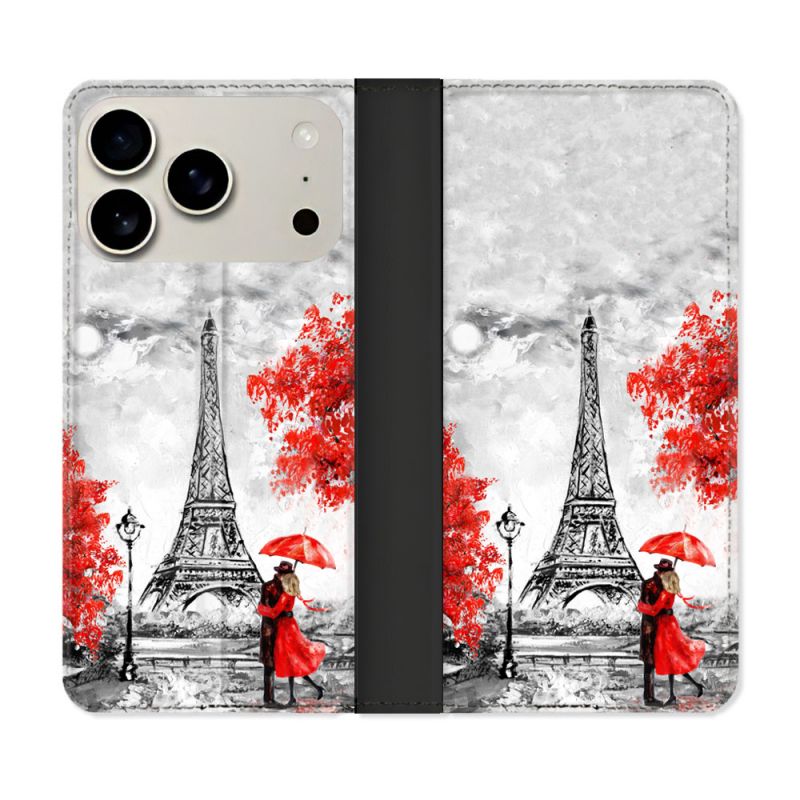 Housse cuir portefeuille Pour Iphone 17 Pro Voyage France Paris Rouge