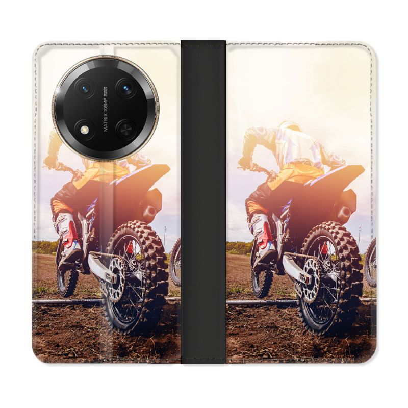 Housse cuir portefeuille Pour Honor Magic 7 Lite 5G Moto Cross Soleil