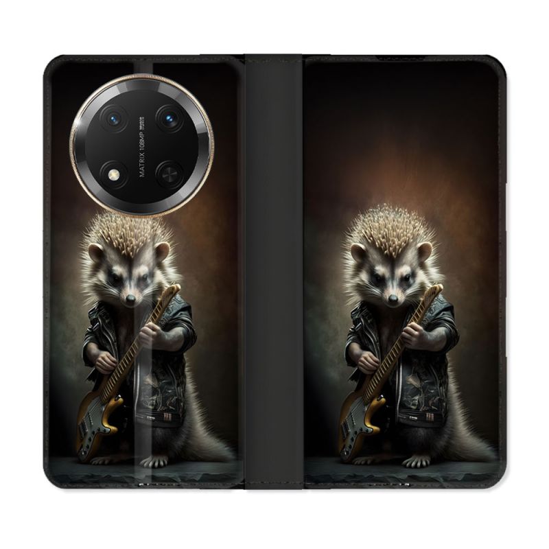 Housse cuir portefeuille Pour Honor Magic 7 Lite 5G Musique Rock Herisson