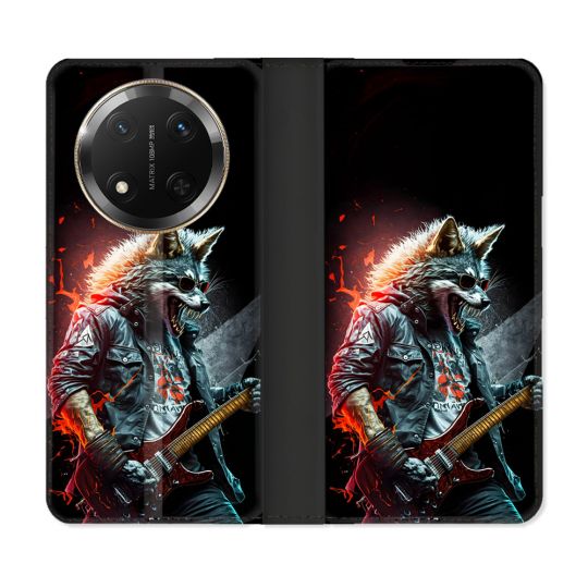 Housse cuir portefeuille Pour Honor Magic 7 Lite 5G Musique Rock Loup