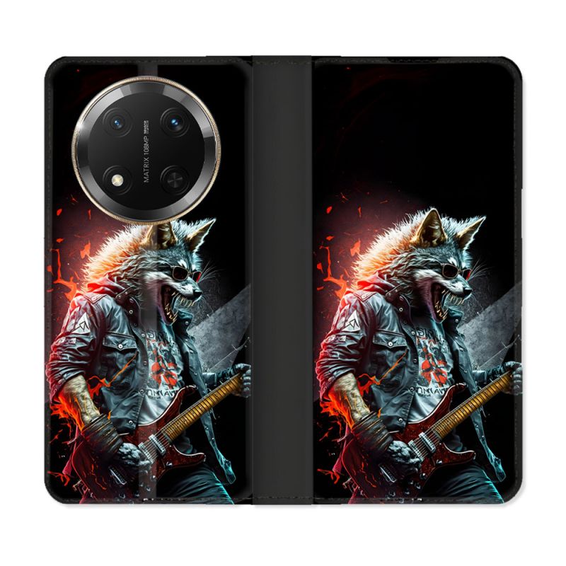 Housse cuir portefeuille Pour Honor Magic 7 Lite 5G Musique Rock Loup