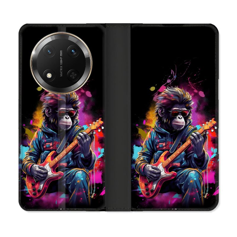 Housse cuir portefeuille Pour Honor Magic 7 Lite 5G Musique Rock Singe