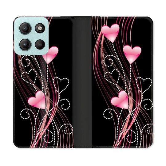 Housse cuir portefeuille Pour Motorola G15 Amour Coeur Rose Montant sur Noir