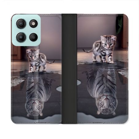Housse cuir portefeuille Pour Motorola G15 Animal Chat Reflet