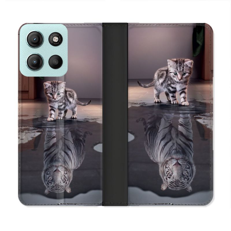 Housse cuir portefeuille Pour Motorola G15 Animal Chat Reflet