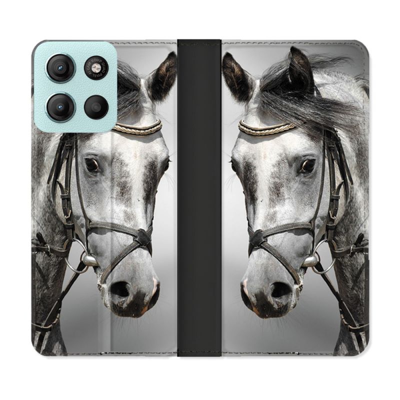 Housse cuir portefeuille Pour Motorola G15 Animal Cheval Blanc