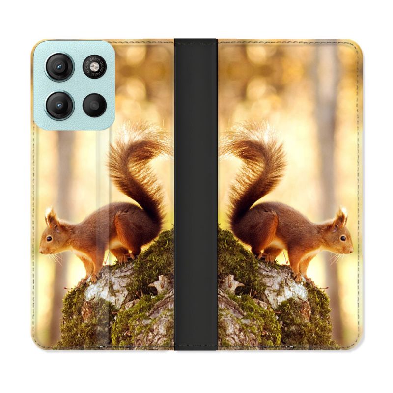 Housse cuir portefeuille Pour Motorola G15 Animal Ecureuil Bois