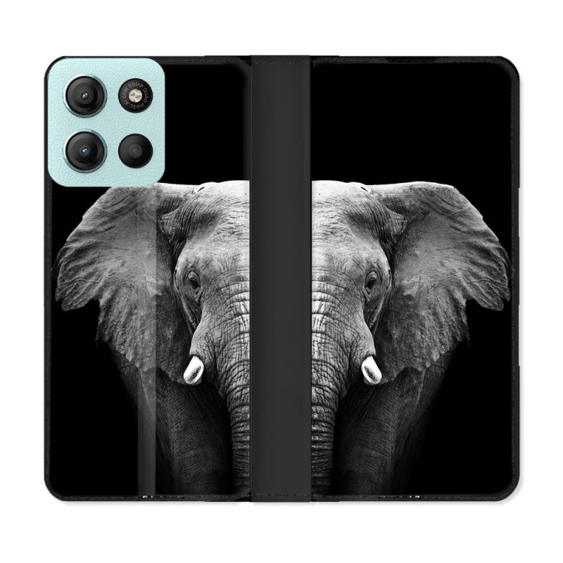 Housse cuir portefeuille Pour Motorola G15 Animal Elephant Noir