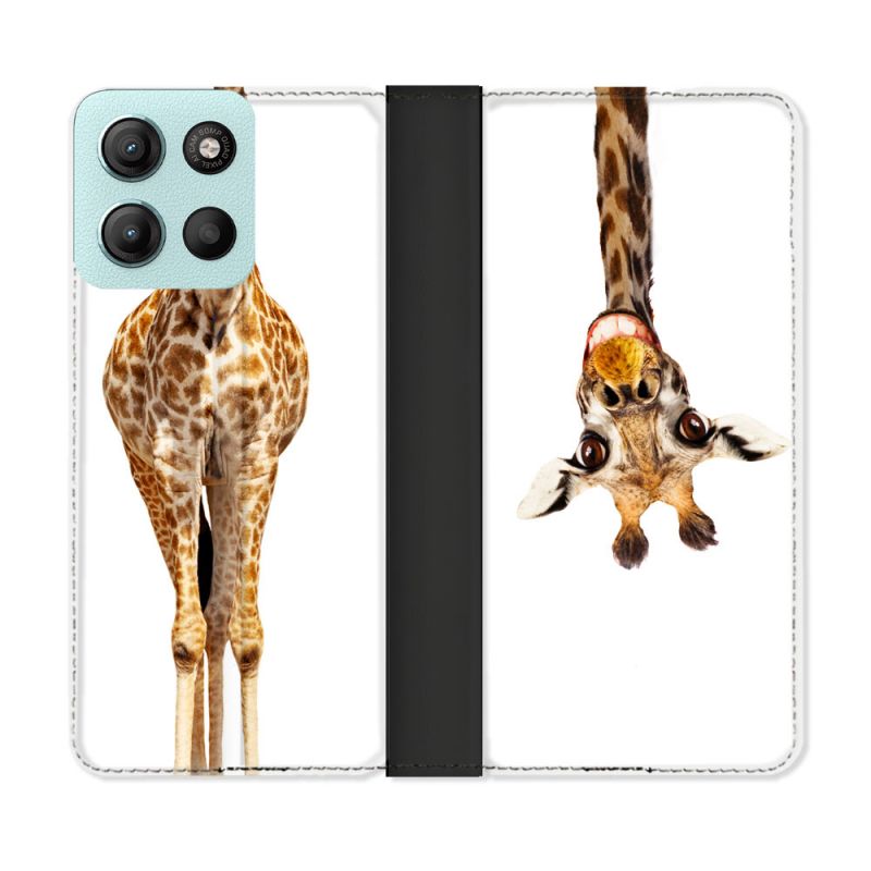 Housse cuir portefeuille Pour Motorola G15 Animal Girafe Blanche