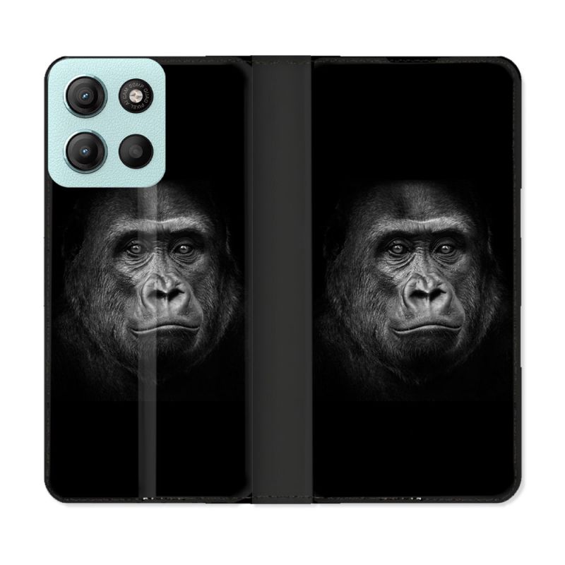 Housse cuir portefeuille Pour Motorola G15 Animal Gorille Noir