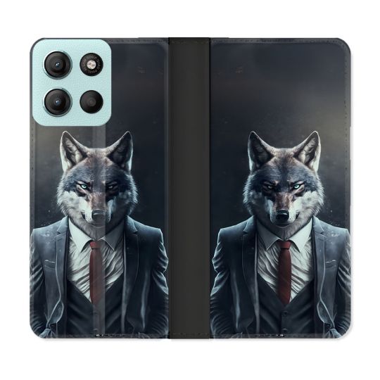 Housse cuir portefeuille Pour Motorola G15 Animal Loup Business