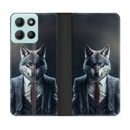 Housse cuir portefeuille Pour Motorola G15 Animal Loup Business