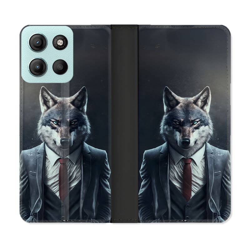 Housse cuir portefeuille Pour Motorola G15 Animal Loup Business