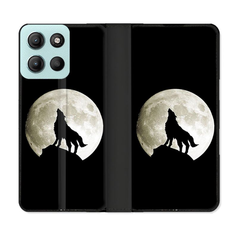 Housse cuir portefeuille Pour Motorola G15 Animal Loup Noir