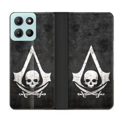 Housse cuir portefeuille Pour Motorola G15 Assassin Creed Tete Mort