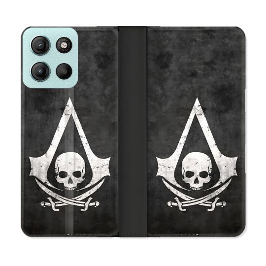 Housse cuir portefeuille Pour Motorola G15 Assassin Creed Tete Mort