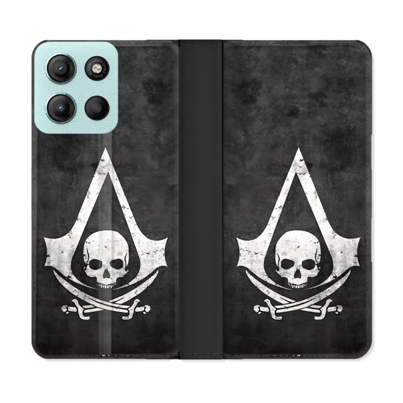 Housse cuir portefeuille Pour Motorola G15 Assassin Creed Tete Mort