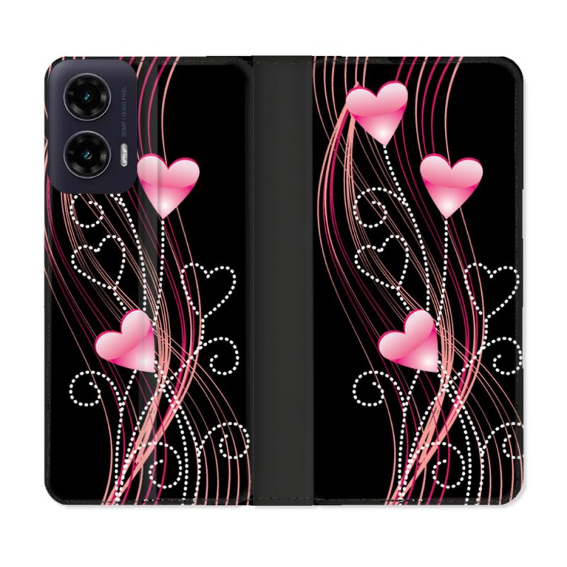 Housse cuir portefeuille Pour Motorola G35 5G Amour Coeur Rose Montant sur Noir