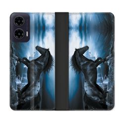 Housse cuir portefeuille Pour Motorola G35 5G Animal Cheval Noir