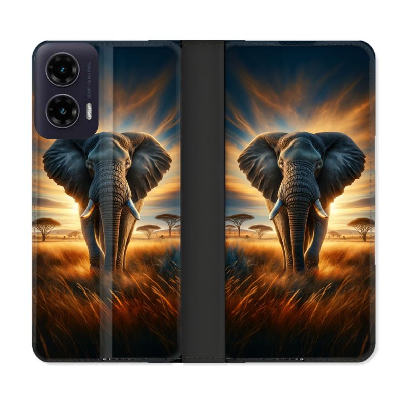 Housse cuir portefeuille Pour Motorola G35 5G Animal Elephant Savane