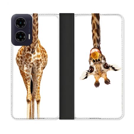 Housse cuir portefeuille Pour Motorola G35 5G Animal Girafe Blanche